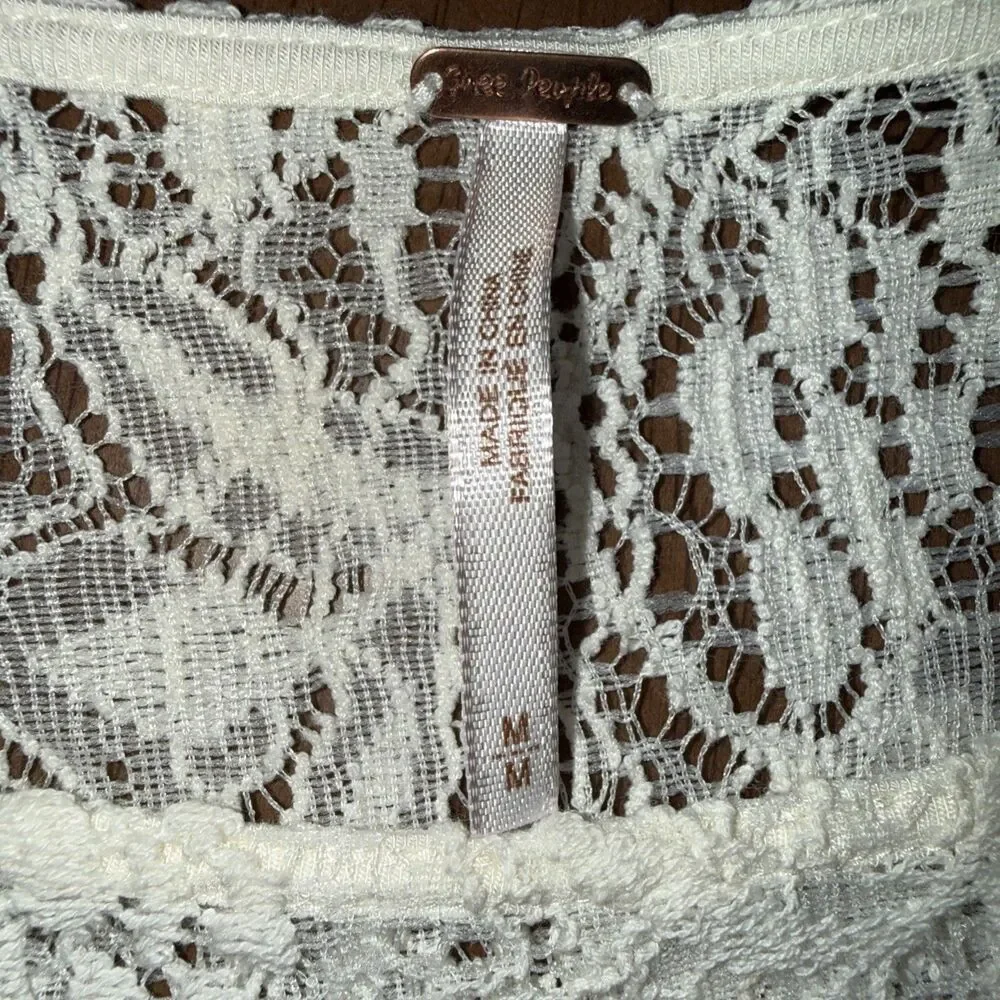 Free People Cream Lace Mini Dress 3/4 Sleeve Fit & Flare Boho Wedding Guest M